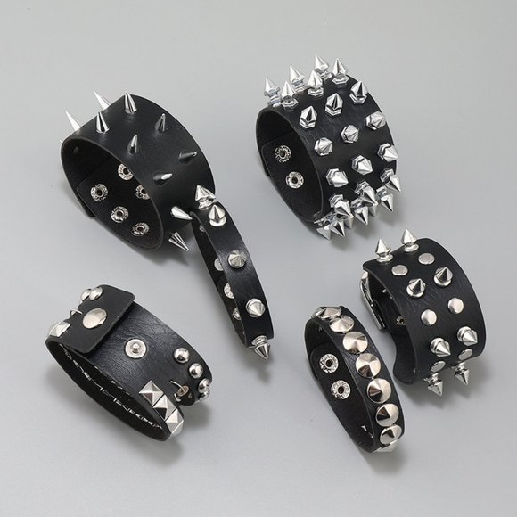 Punk Geometric Leather Plating Rivet Unisex Bangle [6 Pc. Set] - Picture 3 of 5